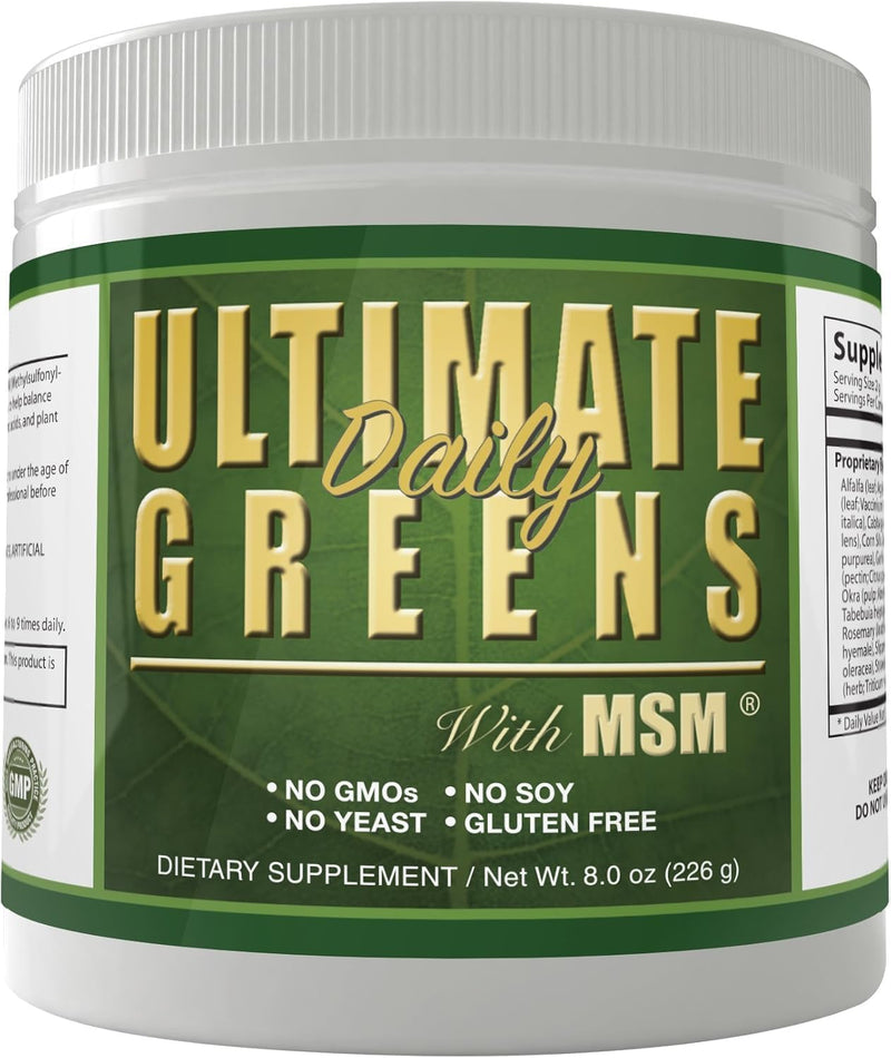 Daily Health, Ultimate Greens with MSM Powder, Vegan Friendly Natural Ingredients Gluten Soy Free NO GMO Superfood Vegetable Nutritional Drink Alkalizing Energy 8oz 1 Pack (1 Month Supply) 8 Ounce (Pack of 1)