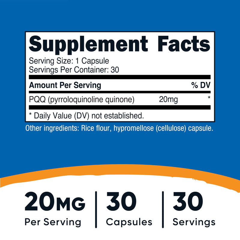 Nutricost PQQ (Pyrroloquinoline Quinone) 20mg, 30 Capsules - Vegetarian Capsules, Non-GMO, Gluten Free 30 Count (Pack of 1)