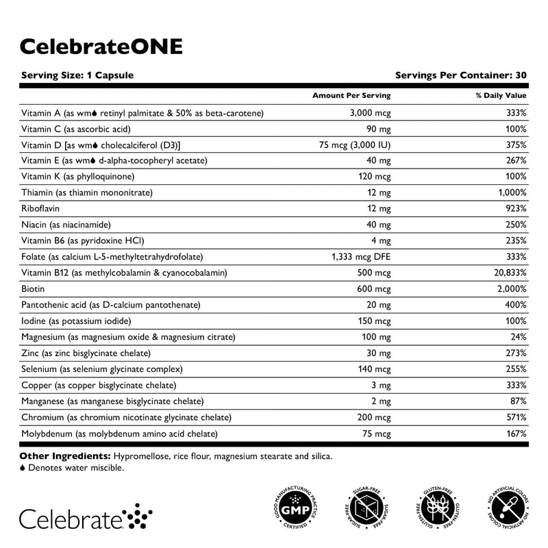 Celebrate Vitamin CelebrateONE Iron Free Multivitamin, 30 Day Supply | 30 Capsules, Once-Daily Easy-to-Swallow Bariatric Multivitamin Support After Sleeve Gastrectomy or Gastric Bypass 30 Count (Pack of 1)