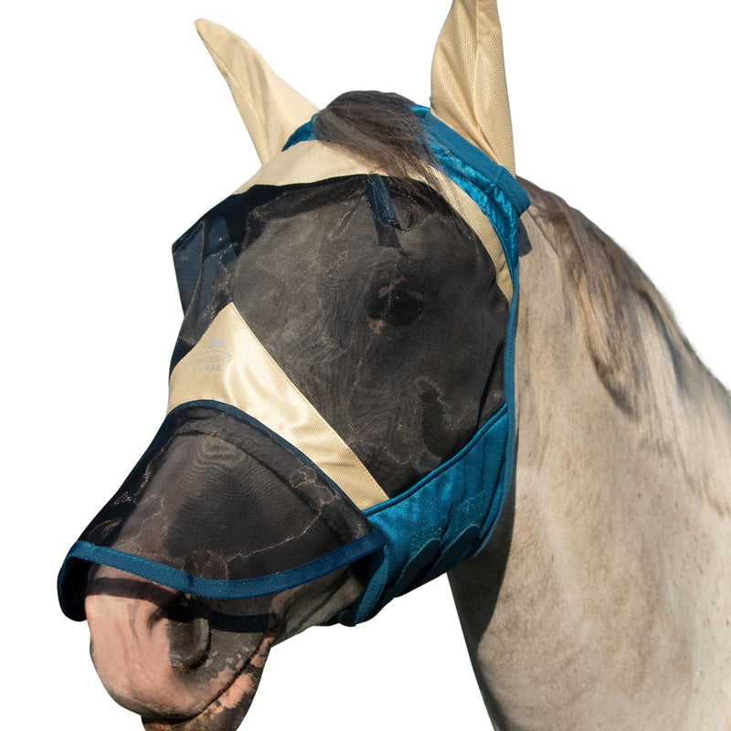 Harrison Howard Horse Fly Mask Long Nose with Ears Champagne Gold/Teal L Full Size Full (Large) - BeesActive Australia