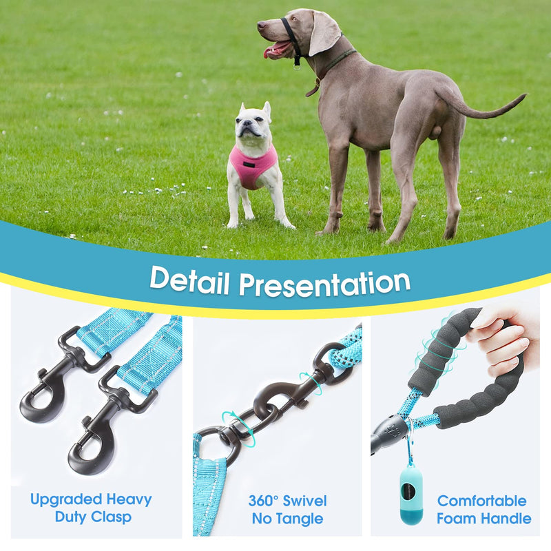 BAAPET Double Dog Leash, 4 FT Rope Dog Leash with Tangle Free Shock Absorbing Bungee and Poop Bags for Dual Small Medium Large Dogs (Medium/Large, Blue) Medium/Large (25~150 lbs.) - BeesActive Australia