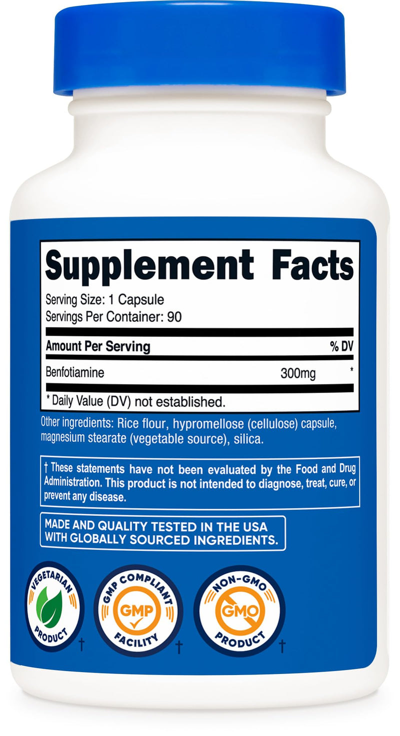 Nutricost Benfotiamine 300mg, 90 Capsules - Gluten Free, Non-GMO, and Vegetarian Friendly Fat Soluble Vitamin B1 (Pack of 2) 90 Count (Pack of 2)