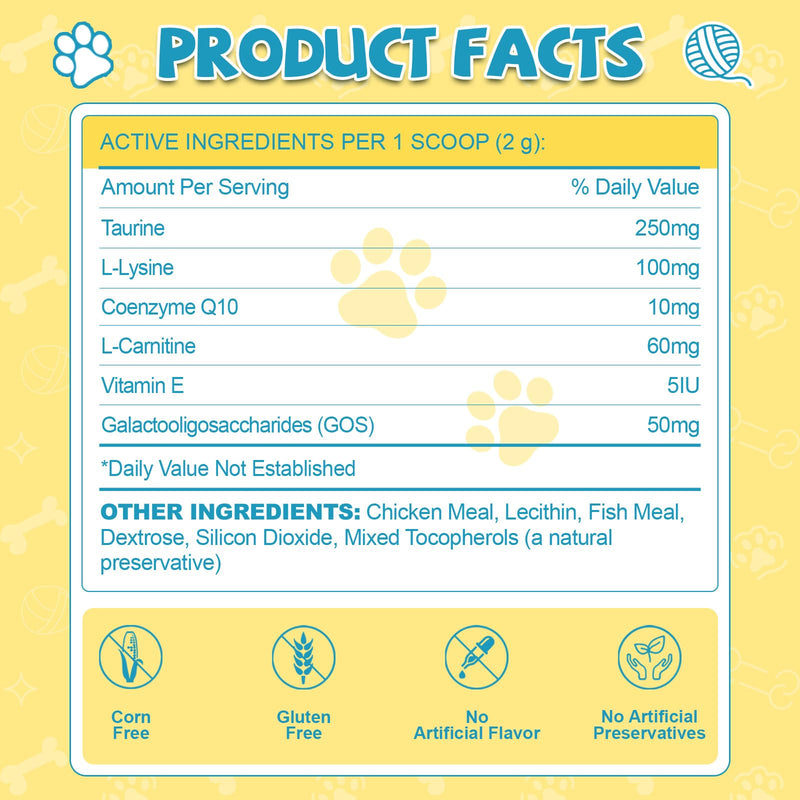 Taurine for Cats - Taurine Powder for Cats, Supports Feline Heart & Vision, Immune, Energy & Vitality, Coenzyme Q10, L-Carnitine, L-Lysine, Vitamin, Taurine Supplement for Cat Taurine Powder, 200g
