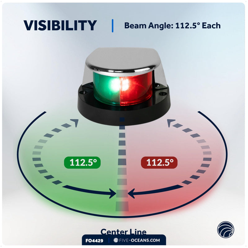 Five Oceans LED Boat Navigation Lights - Red & Green Bi-Color Bow Light, Horizontal Mount, 12V, USCG Compliant, 2NM Range for Pontoon & Fishing Boats - FO4429 Chrome-plated zinc Housing - BeesActive Australia