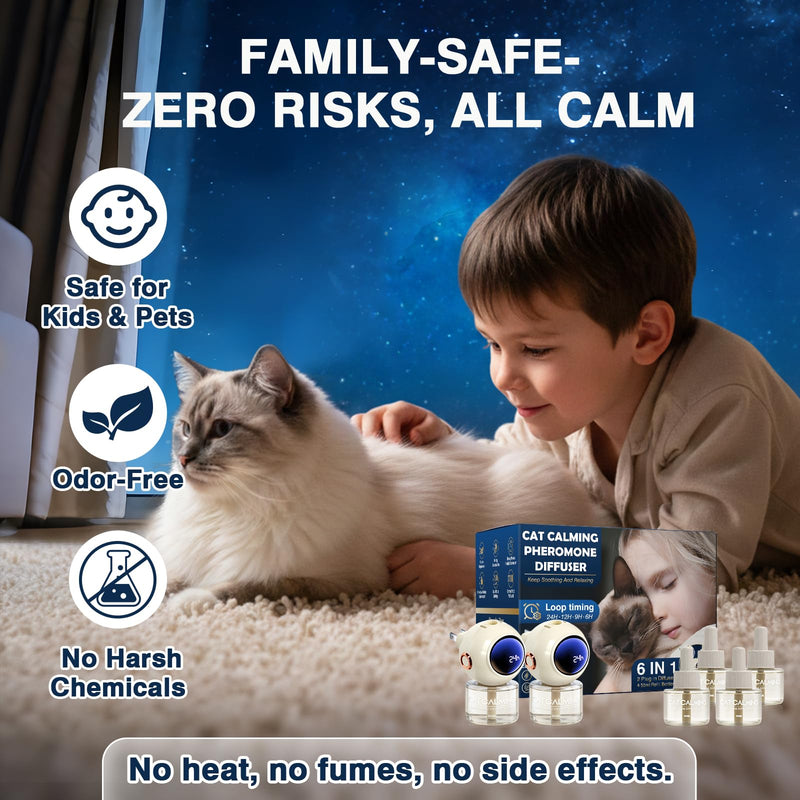 6 in 1 with Timing Function Cat Calming Diffuser Multicat Calming Pheromones Diffusers 60 Days Calm Relaxing Pheromone for Cats kit 48ml Relief Stress Anxiety Fighting Scratching 2 diffuser,4 refill