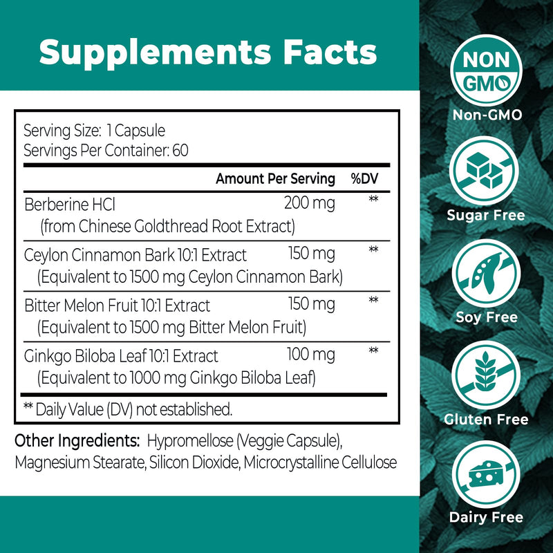 4-in-1 Berberine Supplement 1500mg,Glucose Support,Ceylon Cinnamon Bitter Melon Ginkgo, Boosts Immunity, Gut & Heart Health, 60 Capsules, High Potency 10X Strength for Metabolism Support with 5500mg - BeesActive Australia
