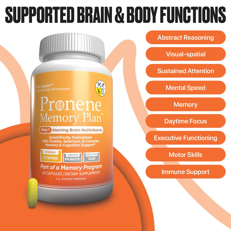 Pronene Memory Plan Morning Brain Multivitamin — Research-Informed Dosing for Adults 50+ — Choline, Resveratrol, B-Complex, D3 & Selenium — Created by a Neuroscientist (60 Capsules, FSA Eligible)