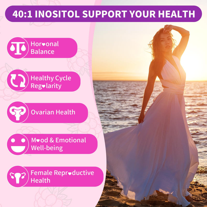 Myo-Inositol & D-Chiro Inositol Gummies, 40:1 Ratio Inositol Supplement with Vitamin D3, Magnesium Glycinate, Folate & Zinc, for Female Health & Wellness, Raspberry Flavor, 60 Count 60 Count (Pack of 1)
