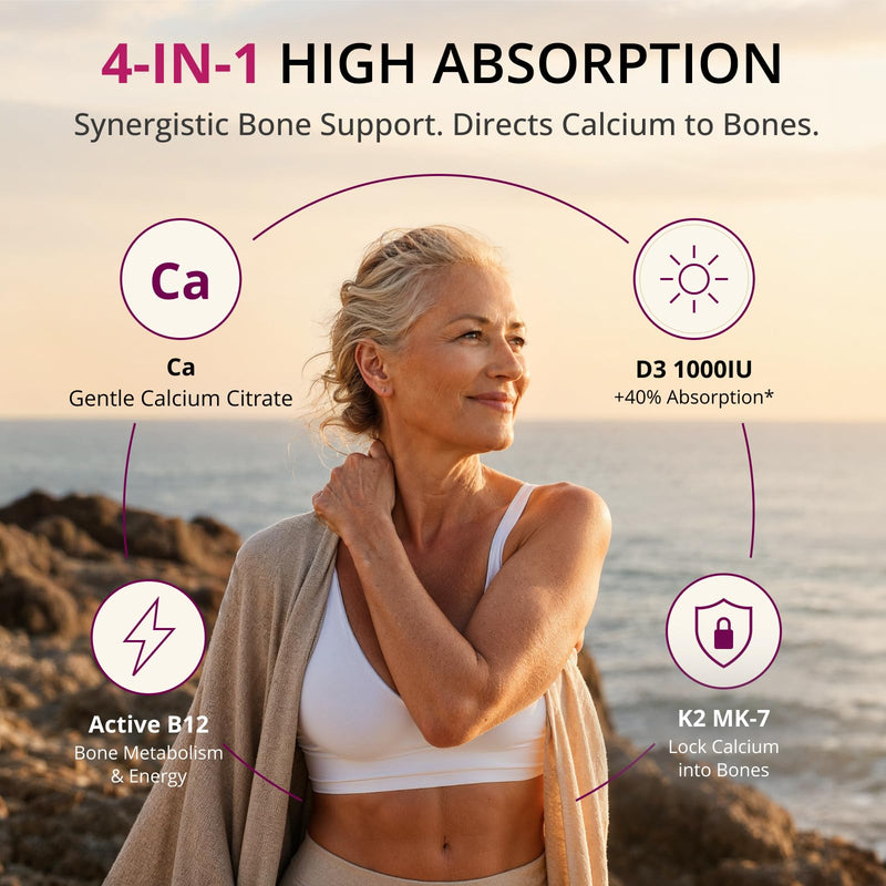 Calcium 1200 mg with Vitamin D3, Calcium Supplements for Women 55+ | High Absorption & Gentle Calcium Citrate with D3 K2 & Active B12 - Bone Density & Health, Non-GMO, Vegan, 120 Capsules