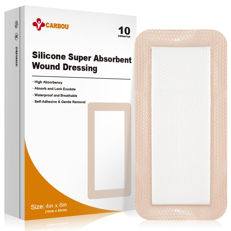 Carbou 4"x 8" Silicone Super Absorbent Wound Dressing, 10 Individual Pack, Self-Adhesive Waterproof Bandage, Soft Highly Absorbent Dressing for Wound Care, Burns, Bedsores, Traumas & Surgical Wounds 4"x8" (Pack of 10) - BeesActive Australia