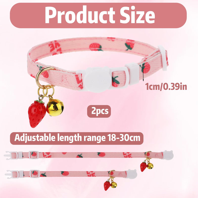2 Pcs Cotton Breakaway Cat Collar, Safety Adjustable Cat Collars Set Strawberries and Heart Shaped Pendant Kitten Collar Cute Cat Collar with Bell - BeesActive Australia