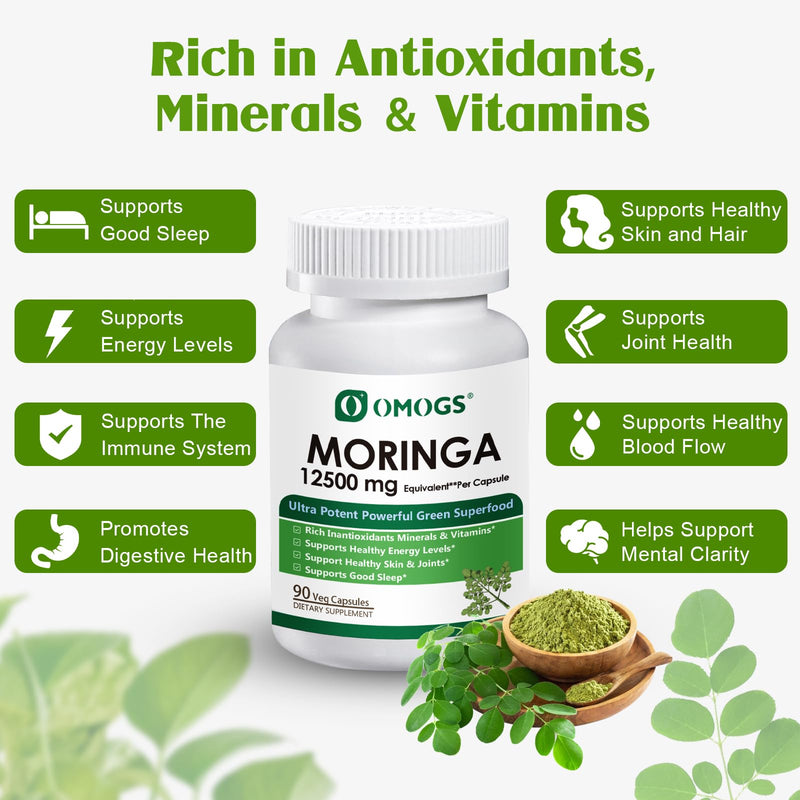 OMOGS Moringa Capsules, Pure Moringa Oleifera Leaf Powder Supplement, Rich Inantioxidants Minerals & Vitamins, for Energy, Metabolism, Immunity & Sleep, Non-GMO, 90 Veg Capsules 1 Count (Pack of 1)