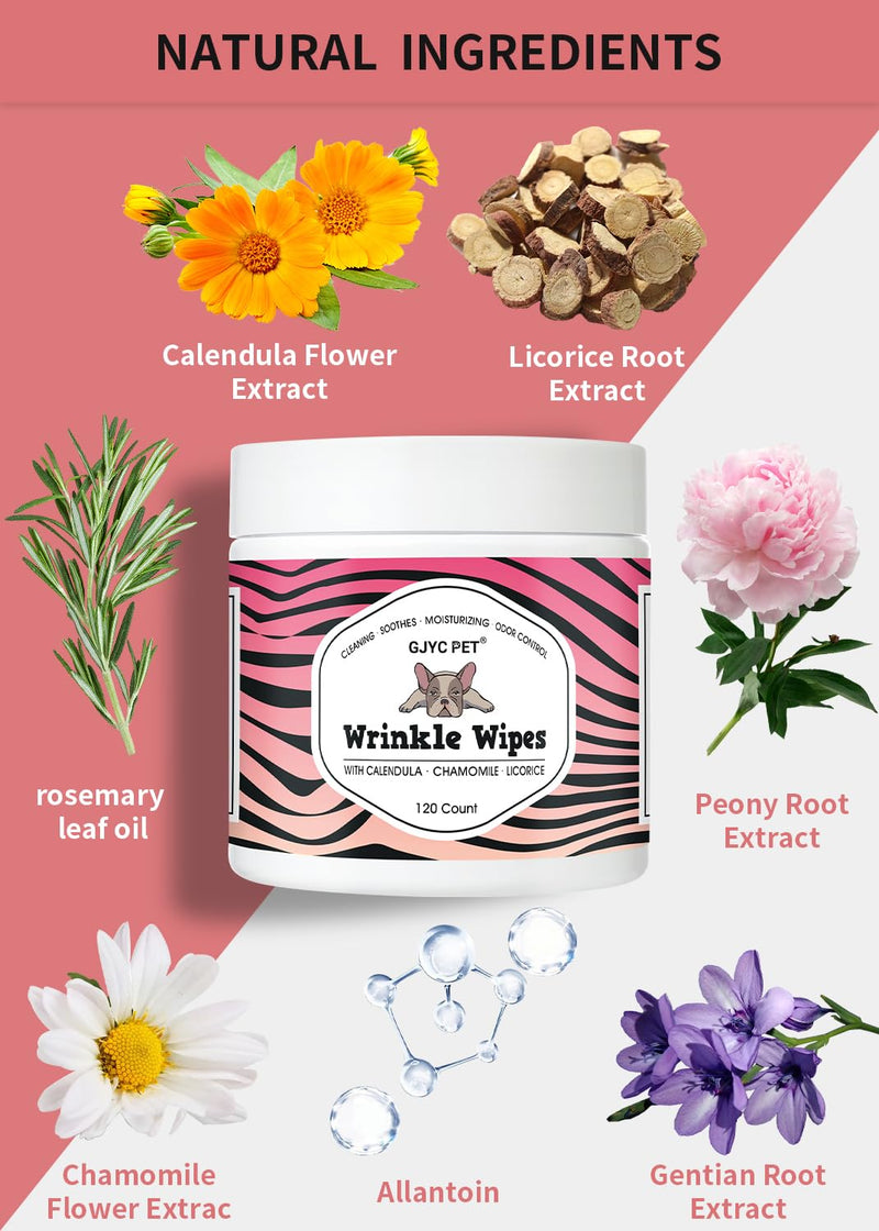 Natural Wrinkle Wipes for Dogs, 120 Count, Hypoallergenic Dog Wipes, Wrinkle Wipes French Bulldog, Cleaning & Deodorizing, Dog Wipes for Grooming Faces, Paws & Butts 120 CountWipe - BeesActive Australia
