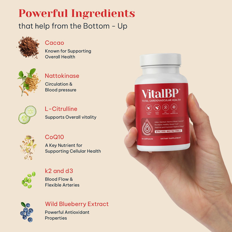 VitalBP Blood Pressure, Blood Flow & Artery Support, CoQ10, K2 & D3, 60Caps | With L-citrulline to support normal blood pressure, blood flow & artery health. 60 Count (Pack of 1)