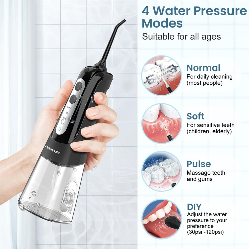 Cordless Water Dental Flosser Teeth Cleaner, INSMART Professional 300ML Tank DIY Mode USB Rechargeable Dental Oral Irrigator for Home and Travel, IPX7 Waterproof 6 Modes Irrigate for Oral Care Black