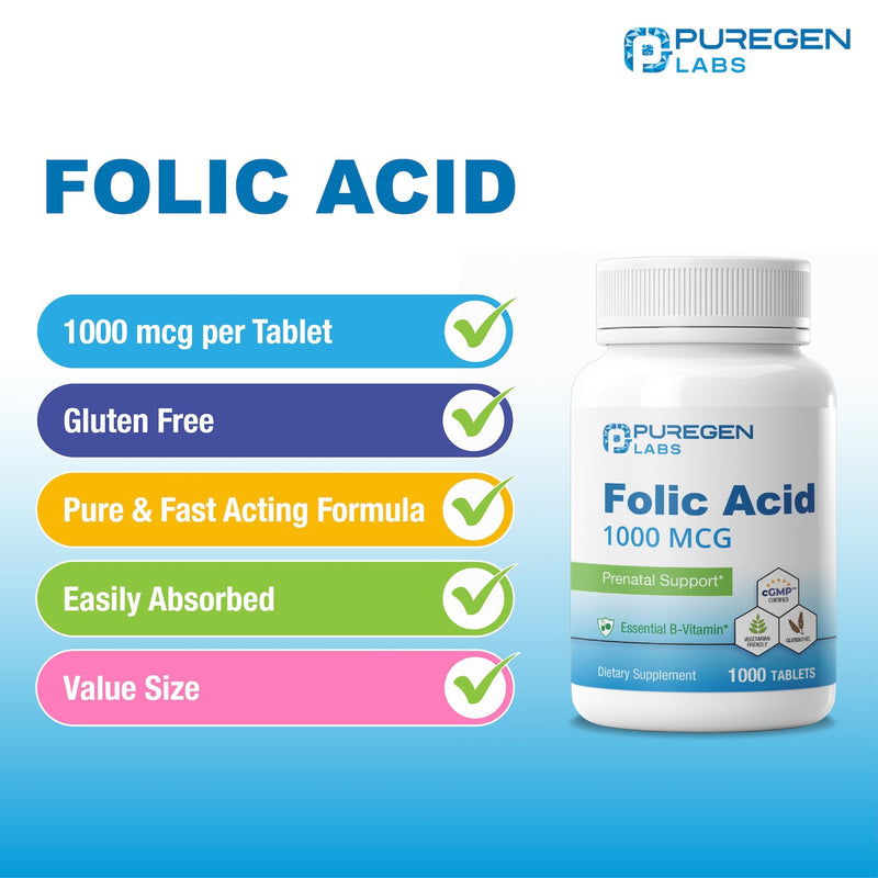 Puregen Labs Folic Acid 1000 mcg Tablets | Vitamin B9 | Non-GMO | Gluten Free | Value Size 1000 Tablets