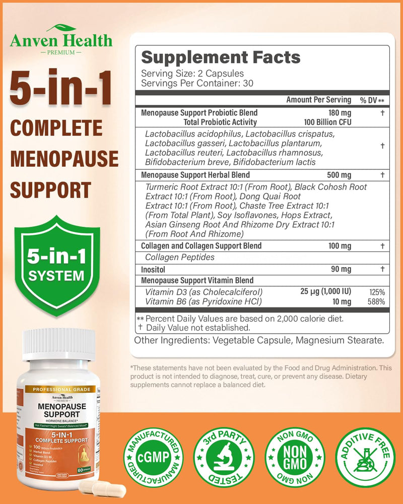 Menopause Relief Supplements for Women 100B CFU Probiotics 180 | Vitamin D3 & B6, 100B Probiotics, Black Cohosh, Herbs, Collagen, Hot Flashes & Night Sweats Relief, Bloating & Gut Health Menopause 60 Count (Pack of 3)