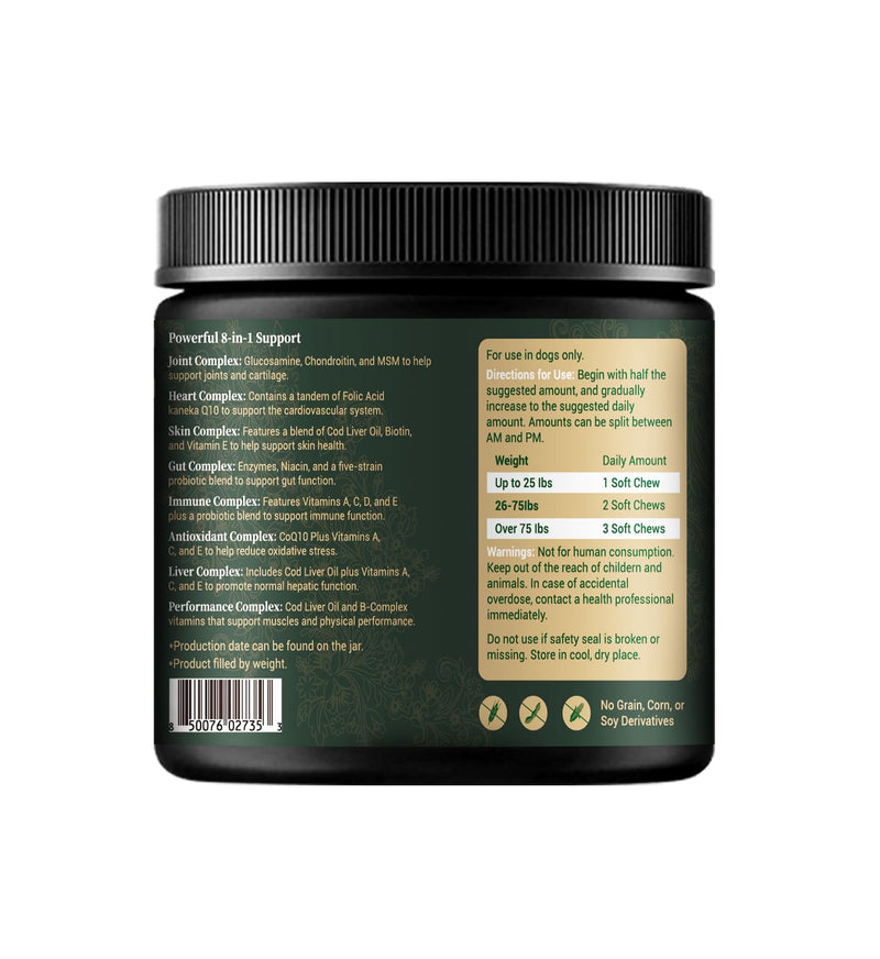 Barrow & Hound - 8-in-1 Multivitamin for Dogs – 120 Soft Chews with Glucosamine, Omega 3, Probiotics, Vitamins A–C–D–E & B-Complex – All-in-One Daily Health Supplement – Natural Chicken Flavor