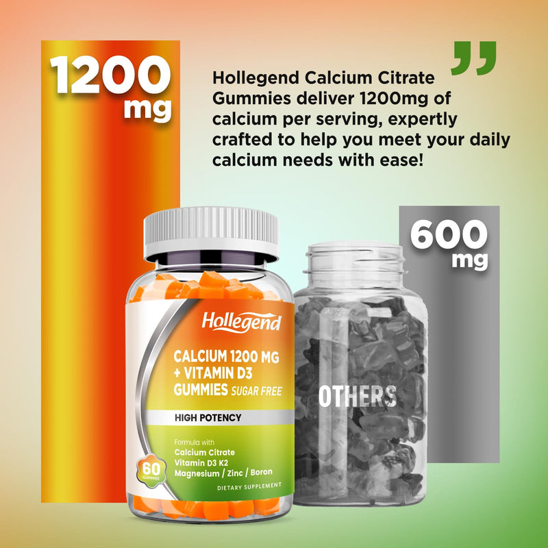 Calcium 1200 mg with Vitamin D3 Gummies, 60 Count | Calcium Citrate Chewables with Magnesium Zinc Vitamin K2 Boron, Bone Health, Sugar Free
