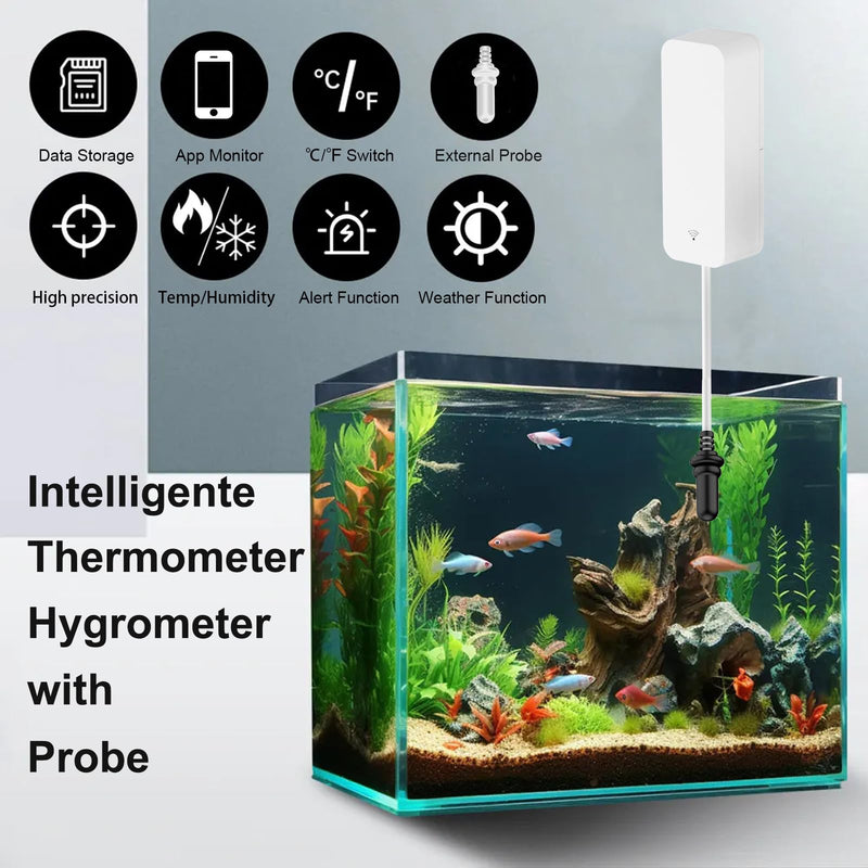 Smart Thermometer Hygrometer with Probe, WiFi Aquarium Temperature Humidity Gauge with App Remote Monitor, Indoor Refrigerator Thermometer Sensor, Data Storage&Export, Compatible with Alexa. 1PCS - BeesActive Australia