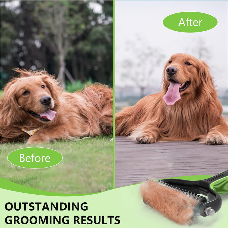Pet Grooming Supplies - 2-in-1 Professional Undercoat Rake and Pet Brush | Shedding Control for Long Haired Dogs and Cats, Deshedding Tool, Furminator for Dogs, Green - BeesActive Australia