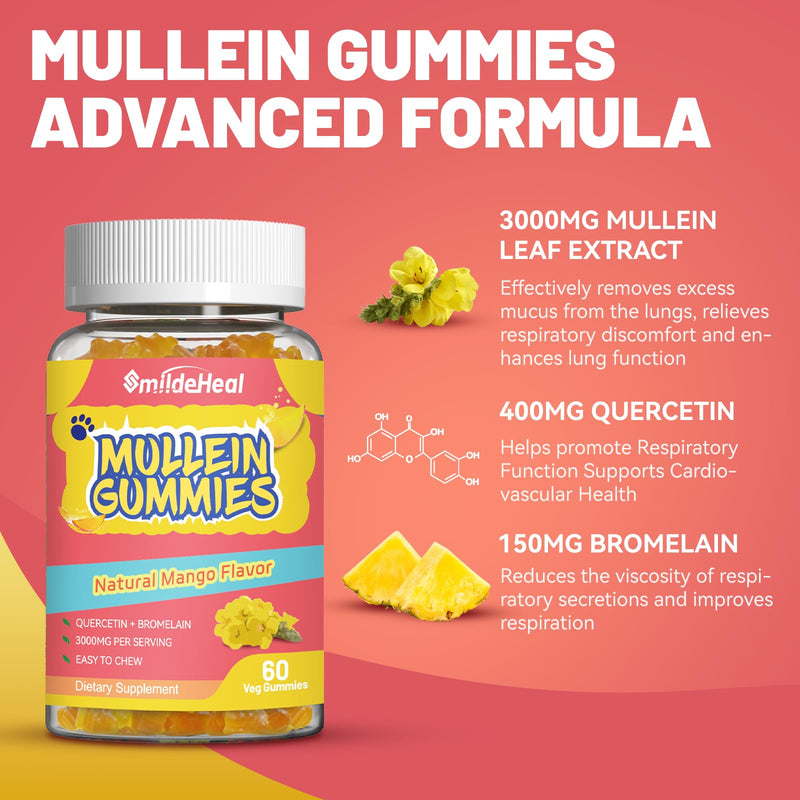 Mullein Gummies 3000MG, Sugar Free Mullein Gummies with Bromelain & Quercetin, Mullein Leaf Extract Supplements for Lungs, Vegan, 60 Count 60 Count (Pack of 1)