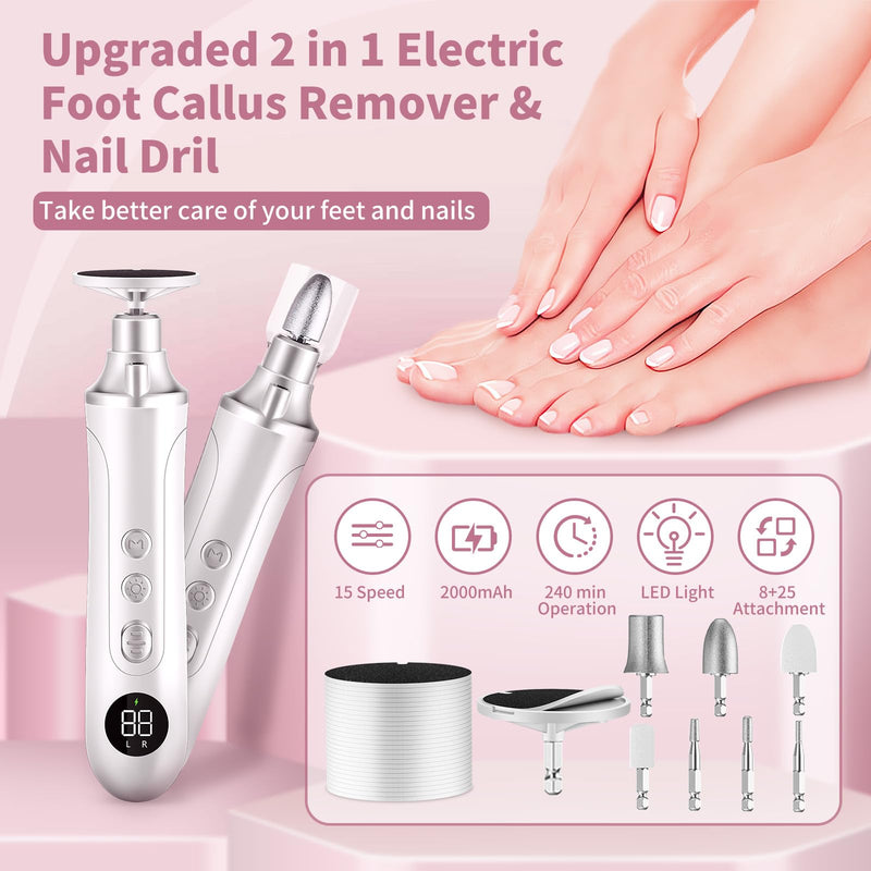 Electric Nail Drill Kit, Cordless Manicure Pedicure Kit with Memory Modes, 15 Speed Portable Nail Drill Machine, Callus Remover with 25Pcs Sandpaper Discs,Hand Foot Care Tool for Thick Nail Toenail White+pouch
