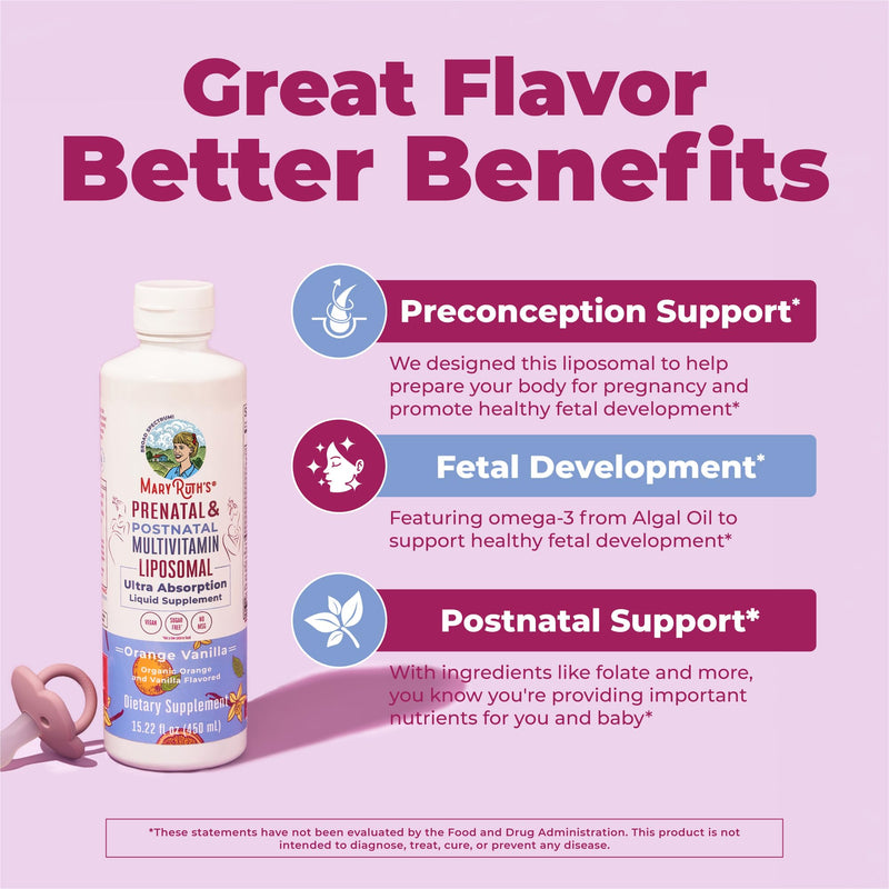MaryRuth's Prenatal & Postnatal Multivitamin Liposomal, Vegan, 30 Servings | Preconception & Pregnancy, Folate Choline Omega 3 DHA, Vegan, Sugar Free, Gluten Free, 30 Servings