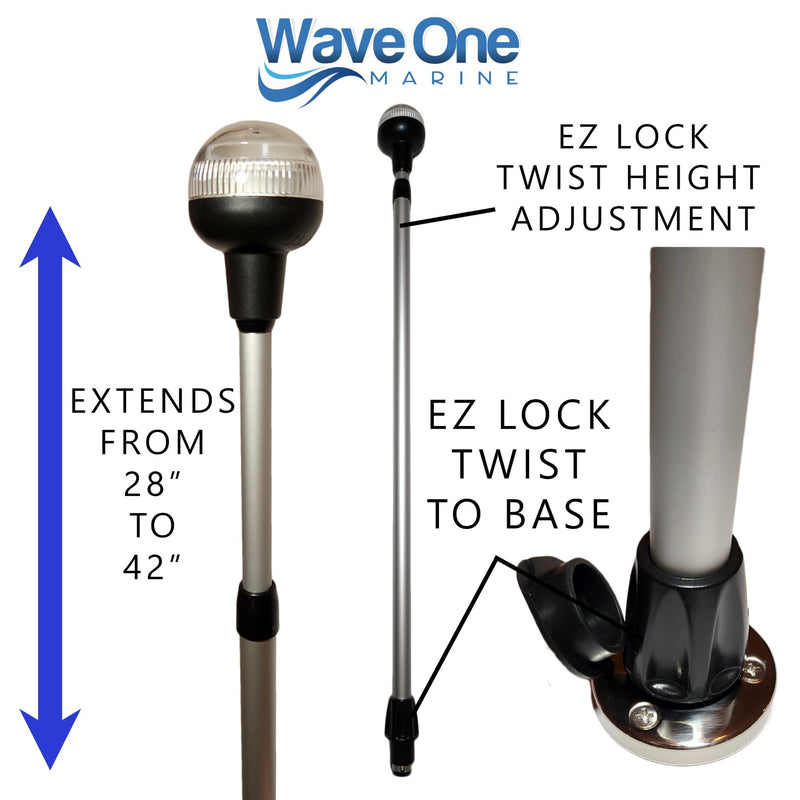 Wave One Marine ADJUSTABLE Telescoping All-Around Anchor Light With Stainless Base | LED Boat Pole Aft Stern Navigation USCG 2NM | 12 Volt DC | 360 Night Nav Waterproof 28"-42" - BeesActive Australia