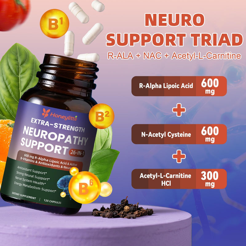 Alpha Lipoic Acid Neuropathy Supplements - with 600mg R-Alpha Lipoic Acid, NAC, ALC, Active Vitamin B12 B1 B2 B6, Magnesium - for Nerve Heath, Liver Detox, Antioxidant & Mental Support 120 Count (Pack of 1)