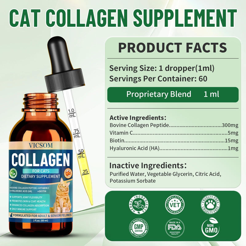 Liquid Collagen for Cats, Cat Joint Supplement for Cat with Bovine Collagens, Biotin & Vitamin C, Mobility & Flexibility, Itch Relief, Skin, Coat & Immunity Support, Cat Joint Supplement for Cats