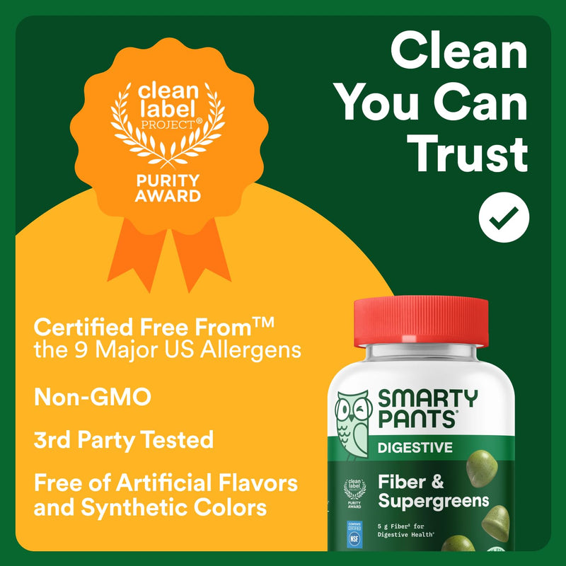 SmartyPants Fiber & Super Greens Gummies, Broccoli, Spinach, & Kale Blend to Support Gut Health, Prebiotic Fiber Gummies for Adults, Gluten Free, White Grape & Apple Flavor, 90 Count (30 Day Supply) Adult Supergreens