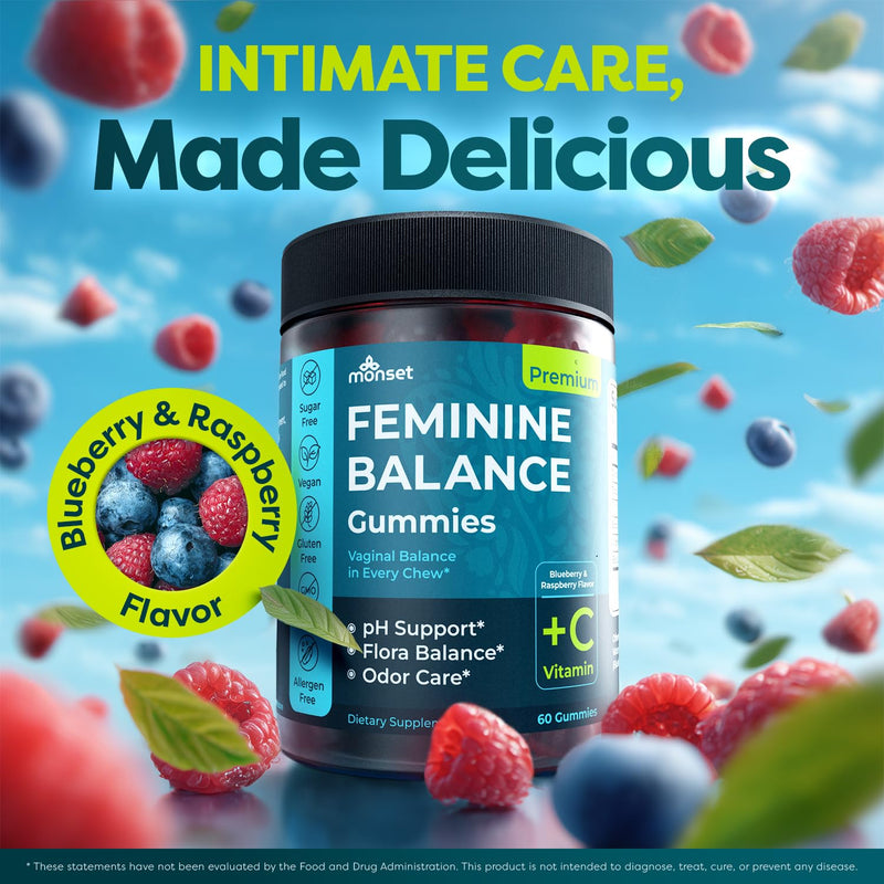 MONSET Feminine Balance Gummies for Women – Vaginal Probiotics for Women pH Balance & Odor Control – 60ct Prebiotics and Probiotics for Womens – Berry Flavor Vaginal Health Supplement