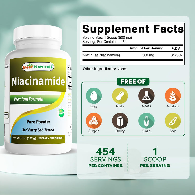 Best Naturals Niacinamide (Vitamin B3) Pure Powder 8 OZ 8 Ounce (Pack of 1)