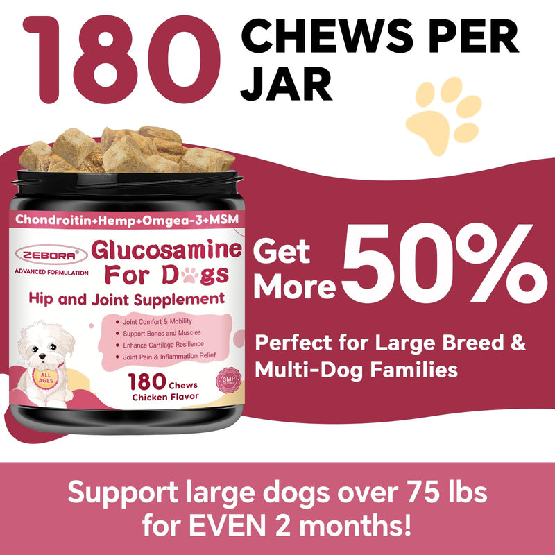 Hip & Joint Supplement for Dogs, Glucosamine for Dogs with MSM, Chondroitin, Omega-3, Turmeric, Calcium - Dog Joint Supplement for Dog Joint Pain Relief & Bone Health Support, 180 Freeze-Dried Chews 180 Bites