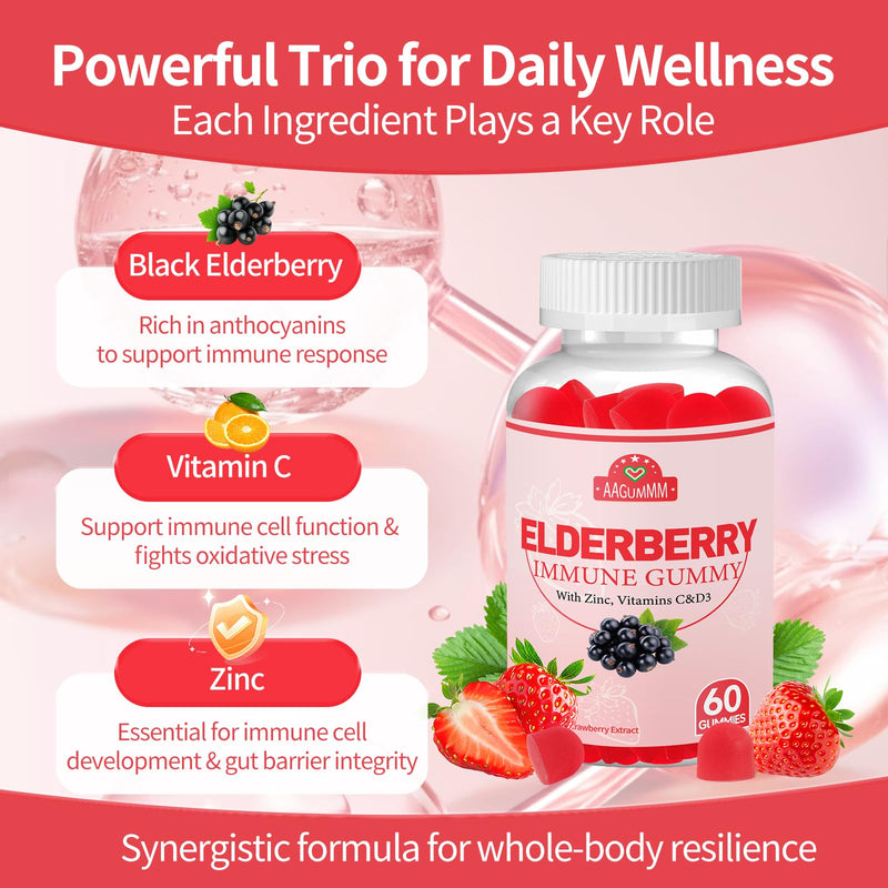 Elderberry Immune Gummies, Daily Immune Support for Adults, | with Vitamin C, Vitamin D3, Zinc, Gluten Free, Vegetarian, Strawberry Flavor,60 Gummies