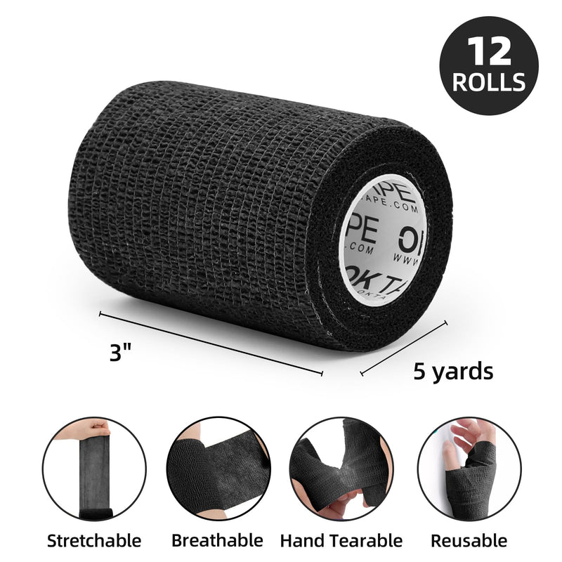 OK TAPE Self Adherent Cohesive Bandages Wrap - 12Packs, 3" x 5 Yards, Non-Woven Self Adhesive Bandage Wrap for Thumb, Finger, Wrist, Ankle, Vet Wrap Bandages Tape (Black) Black 3 In x 5 Yards - BeesActive Australia
