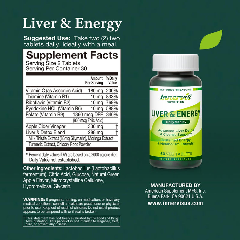 Liver Health & Energy Boost | B-Complex Vitamins, Silymarin, ACV & Turmeric for Metabolism Support* | 60 Veg Tablets – Innervis Nutrition