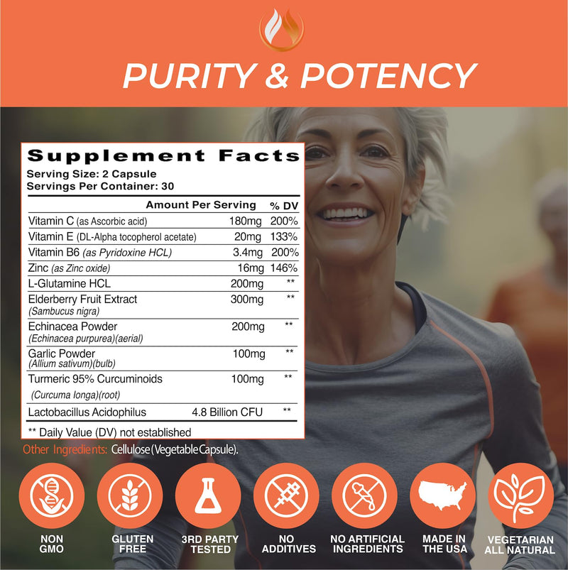 THE ENCLARE NUTRITION 10 in 1 Immune Support Booster Supplement with Echinacea, Vitamin C and Zinc, Turmeric, Ginger, B6, Elderberry for Adults Immunity Defense Vitamins, Made in USA Veg Cap 60 Ct (1)