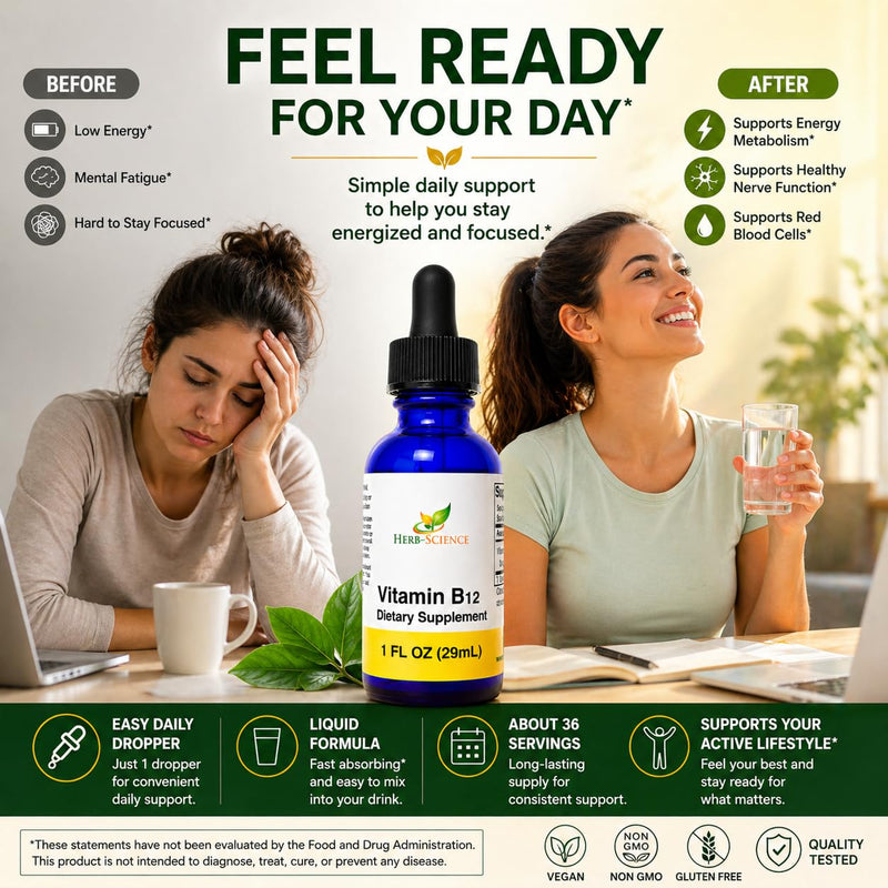 Liquid Vitamin B12 – Cold-Pressed, High Absorption, Vegan, Alcohol-Free, Sublingual B12 Drops, Cyanocobalamin, No Artificial Flavors, Blue Cobalt Glass Bottle for Maximum Freshness - 1 oz | Made with Only 3 Premium Ingredients, Vegan and Non-GMO, in an...