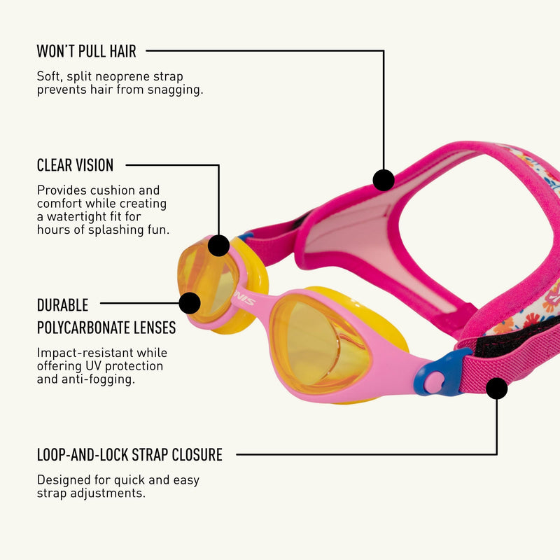 FINIS DragonFly Kids Swim Goggles - Ages 3-8 - UV Protection - Floating Neoprene Strap - Soft Silicone Fit - Flower Power - BeesActive Australia