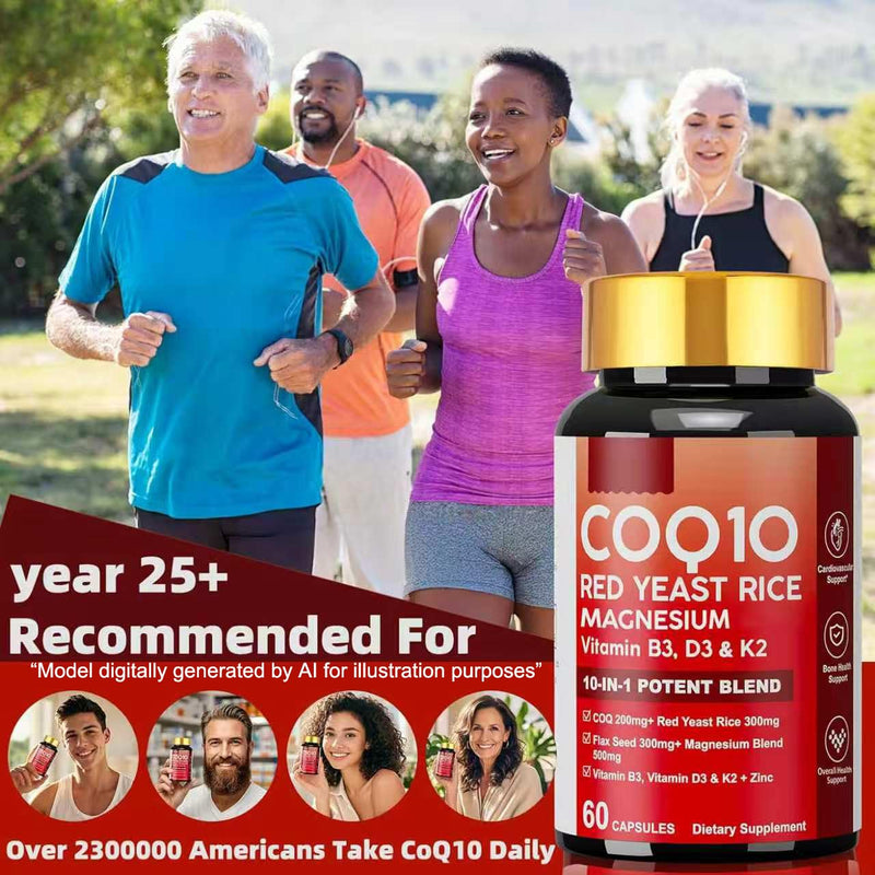 10 in 1 CoQ10 Supplement with Magnesium, Red Yeast Rice for Women & Men | Coenzyme Q10 Complex as Ubiquinone with Vitamin D3, K2, B3, Zinc, Antioxidant Support Heart Energy & Brain Health 60 softgels 60 Count (Pack of 1)