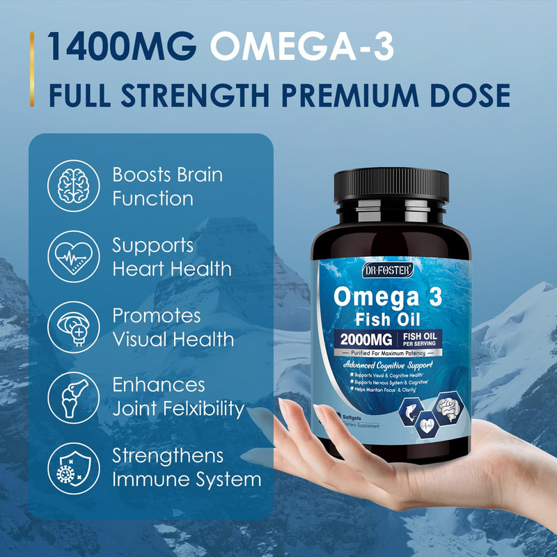 DRFOSTER Omega-3 Fish Oil 2000mg, 120 Softgels | Extra-Strength DHA + EPA, PS & Vitamin E, Brain, Cognition, Heart Health, Sustainably Sourced 120 Count (Pack of 1)