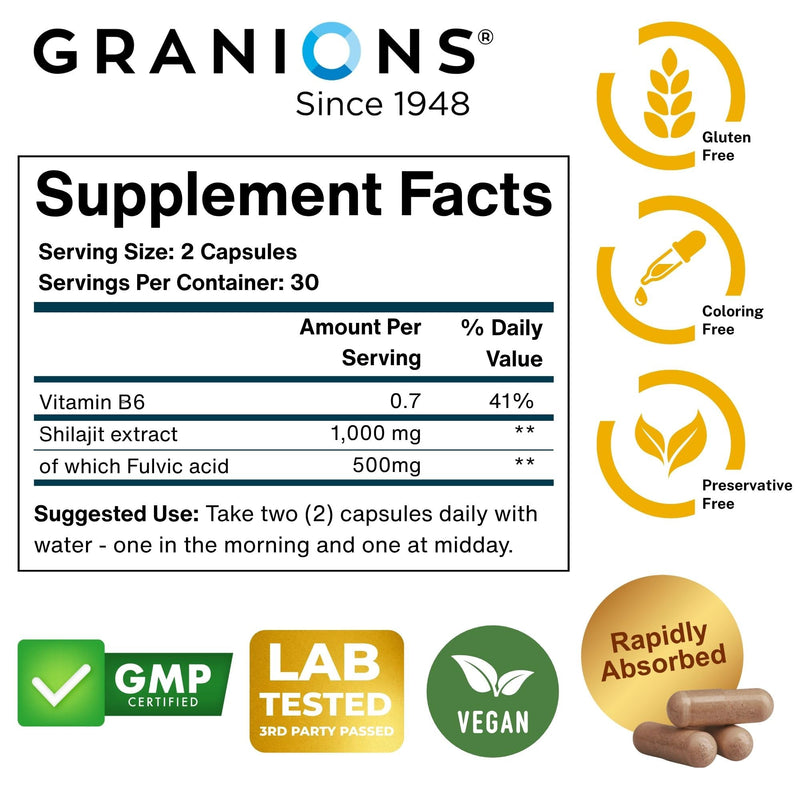 Granions Pure Shilajit for Men Capsules - Fulvic Acid Supplement, 1,000mg Himalayan Shilajit with Vitamin B6 - Ultra Energy, Vitality & Brain Support for Men and Women Supplements - 60 Capsules Shilajit (60 capsules)