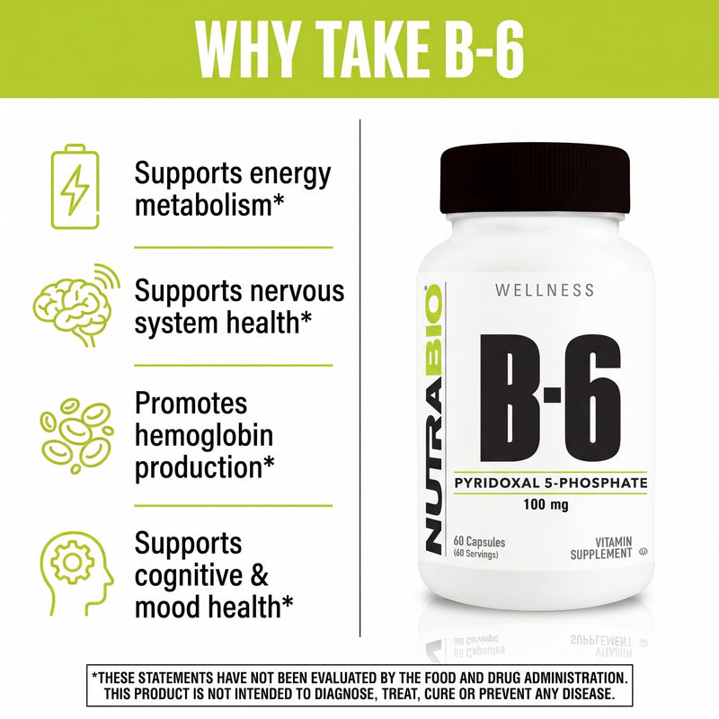 NutraBio Vitamin B6 P5P (Pyridoxal 5-Phosphate) Vitamin B6 100mg per Serving- 60 Vegetable Capsules
