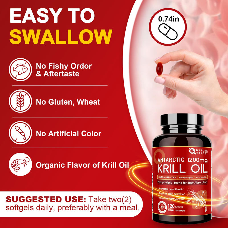 NATURE TARGET Krill Oil 1200mg with Omega-3 EPA & DHA with Astaxanthin, Phospholipids & Choline - Supports Heart, Brain, Join Health, Non-GMO, Gluten Free, 120 Softgels (60 Servings) 120 Count (Pack of 1)