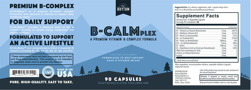 Natural Rhythm B-CALMplex B-Complex Vitamin Supplement, Comprehensive B Vitamin Blend with Methylfolate & B12, 3 Month Supply, 90 Capsules
