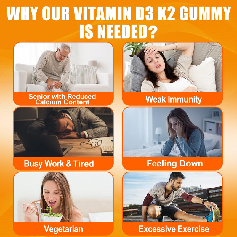 Maennyliy Vitamin D3 K2 Gummies for Adults: D3 5000IU + K2 (MK-7) 120mcg | D3 and K2 Supplements with Omega-3, Methyl B12, B9, B6, Vitamins E & Zinc - for Calcium Absorption & Overall Health Orange 60 Count (Pack of 1)