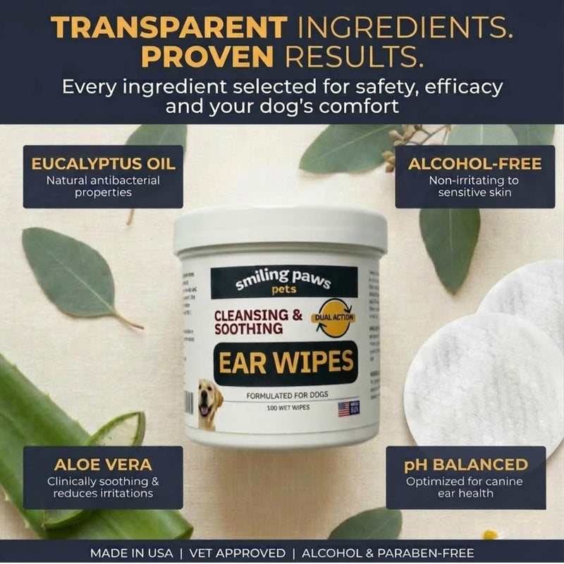 Smiling Paws Pets Ear Wipes for Dogs | Dog Ear Wipes Otic Cleanser for Dogs to Stop Ear Itching with Aloe and Eucalyptus Made in USA 100 Count