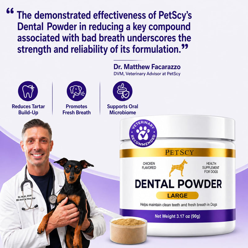 Petscy Dog Dental Powder for Teeth Cleaning & Fresh Breath Support | Helps Reduce Tartar Build Up | Plaque Off No Brush Dog Teeth Cleaning Powder & Breath Freshener | Daily Food Topper (Large Dogs) Large